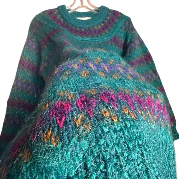 Vintage 80s Michelle Stuart Mohair Wool Fair Isle Sweater‎ Teal Woman Sz M - Picture 6 of 16